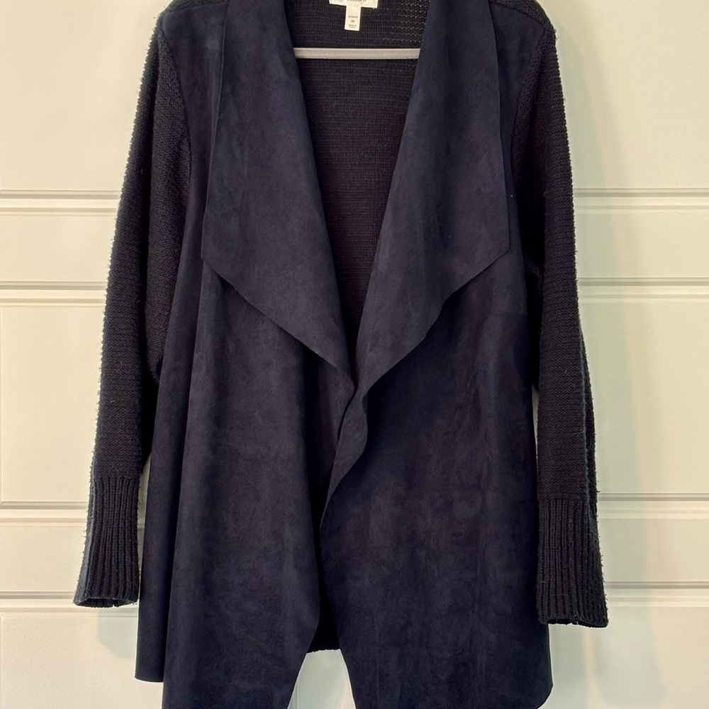 Faux Suede Microfiber Jacket Open Front with Cardigan Back Dark Blue